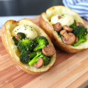 Baked potatoes with broccoli and mushrooms for vegetarians